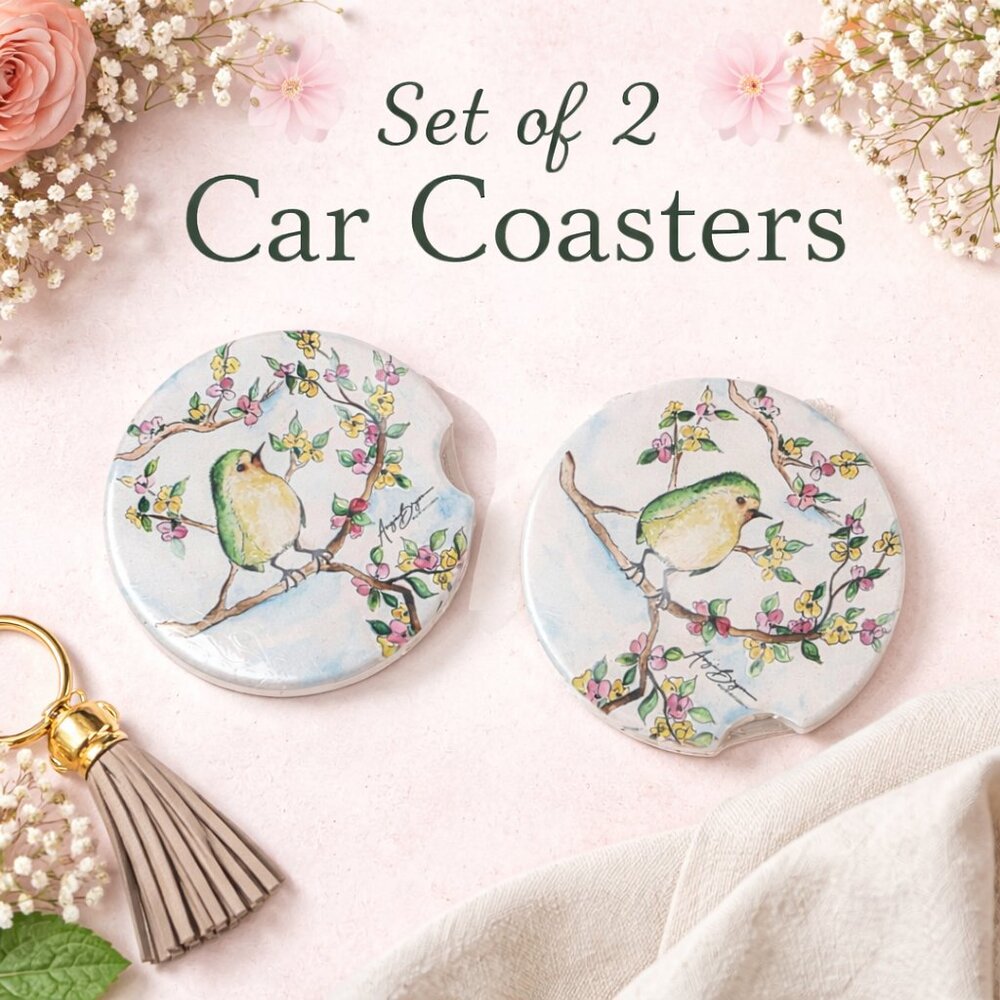 Bird Floral Car Coaster Set of 2 | Absorbent Cup Holder Coasters